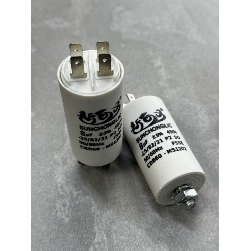 Конденсатор пусковий CBB60 8uF 450VAC 5% 69.8x33.9mm з клемами та болтом